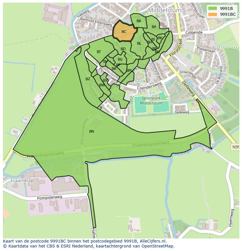 Afbeelding van het postcodegebied 9991 BC op de kaart.