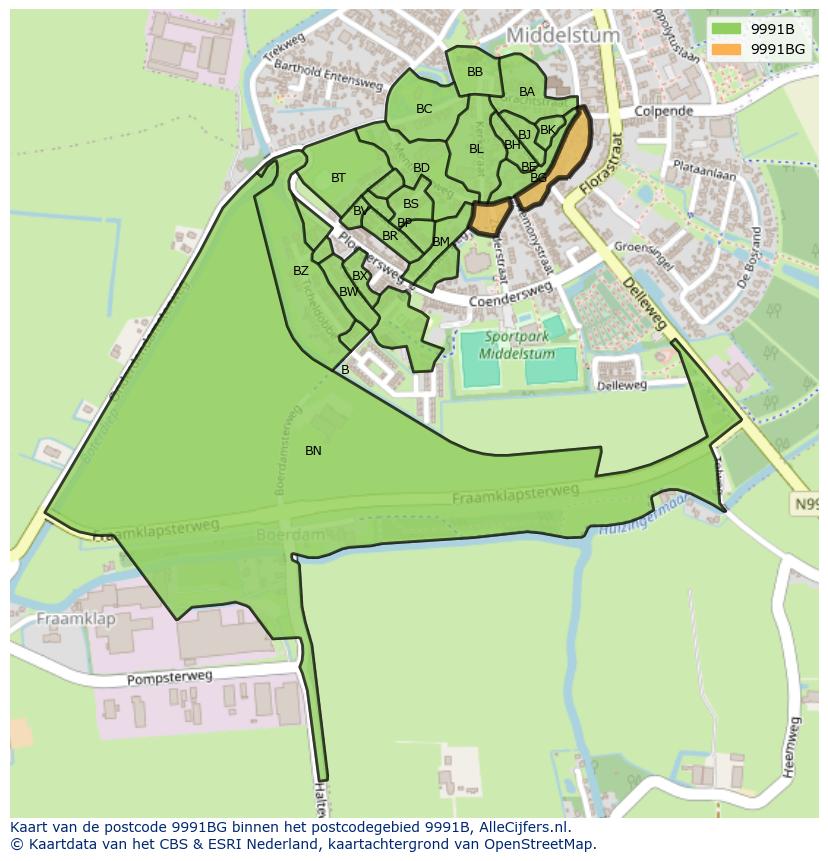 Afbeelding van het postcodegebied 9991 BG op de kaart.