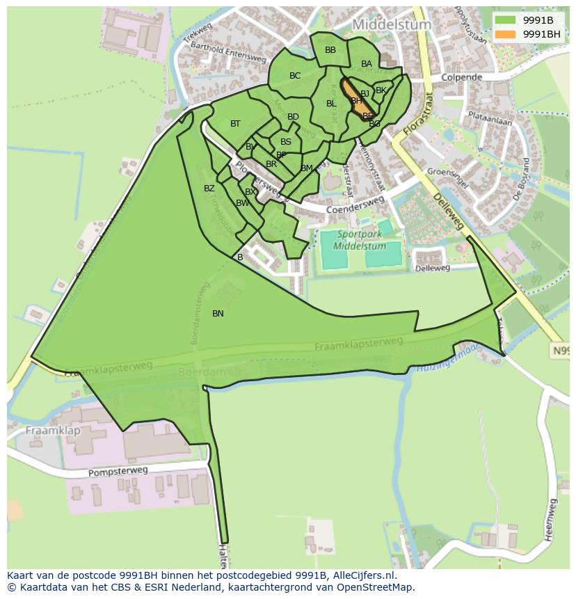 Afbeelding van het postcodegebied 9991 BH op de kaart.