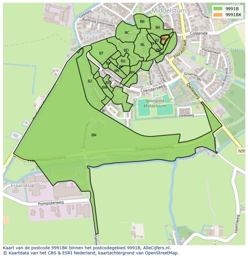 Afbeelding van het postcodegebied 9991 BK op de kaart.