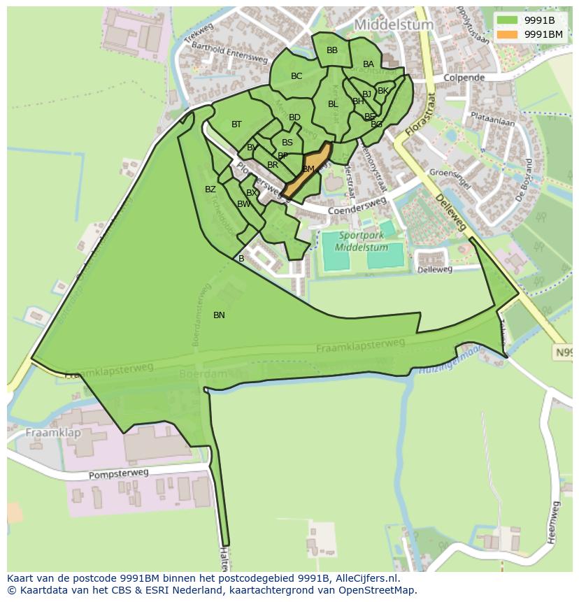 Afbeelding van het postcodegebied 9991 BM op de kaart.