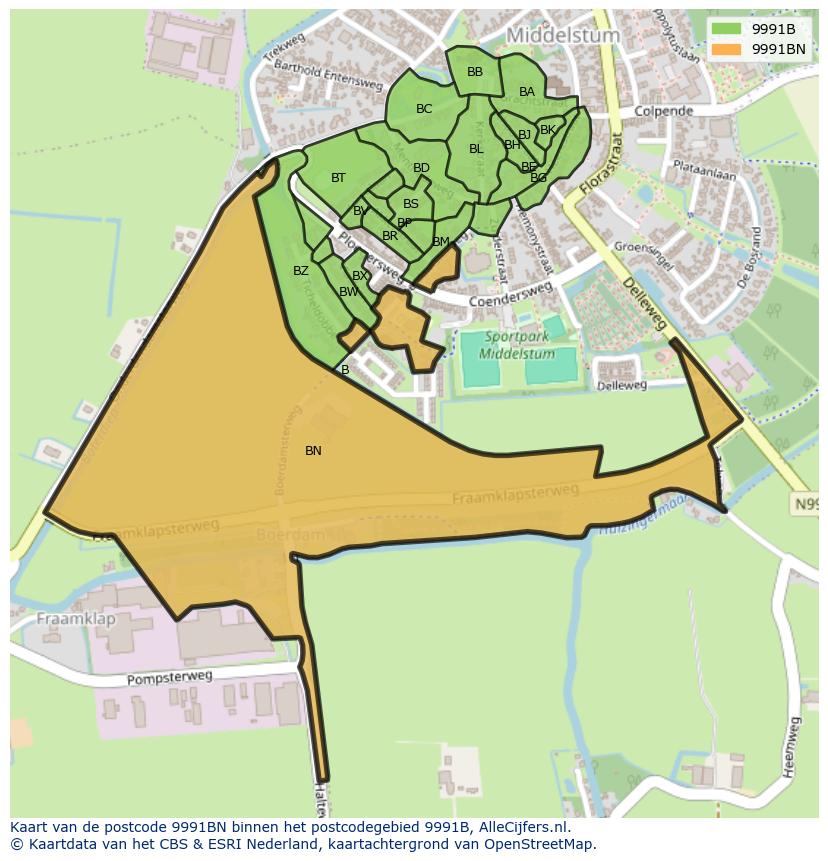Afbeelding van het postcodegebied 9991 BN op de kaart.