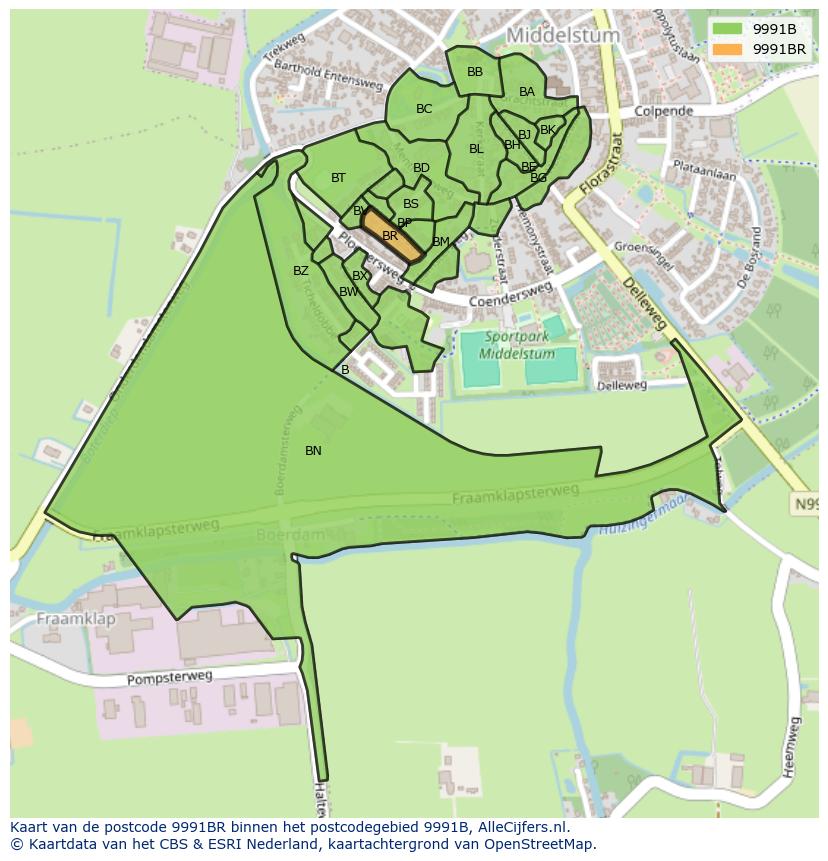 Afbeelding van het postcodegebied 9991 BR op de kaart.