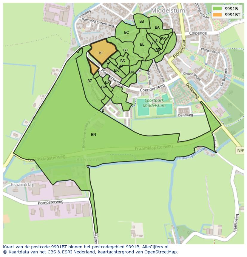 Afbeelding van het postcodegebied 9991 BT op de kaart.