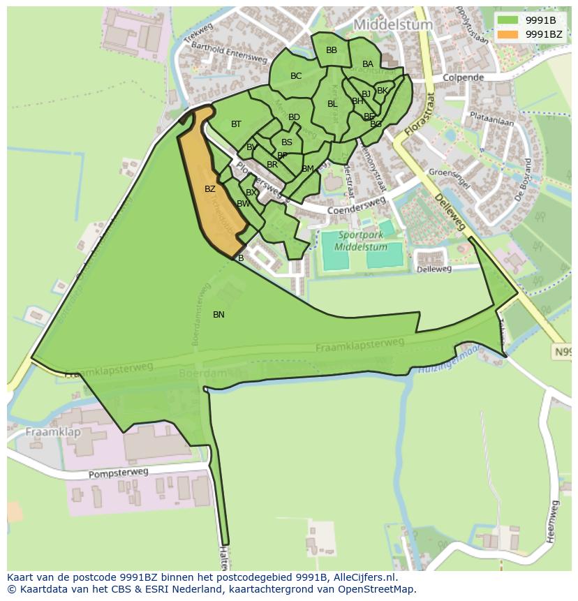 Afbeelding van het postcodegebied 9991 BZ op de kaart.