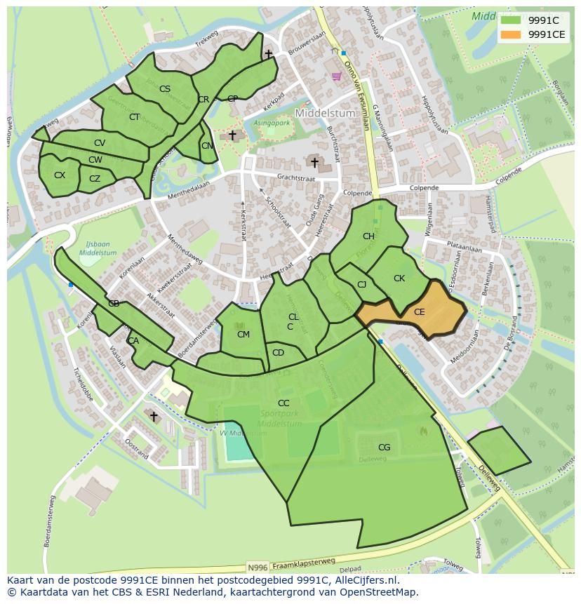 Afbeelding van het postcodegebied 9991 CE op de kaart.