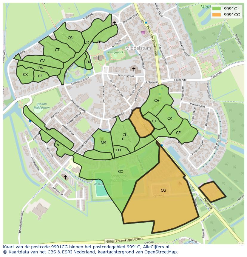 Afbeelding van het postcodegebied 9991 CG op de kaart.