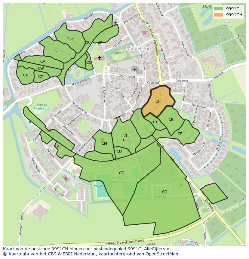 Afbeelding van het postcodegebied 9991 CH op de kaart.