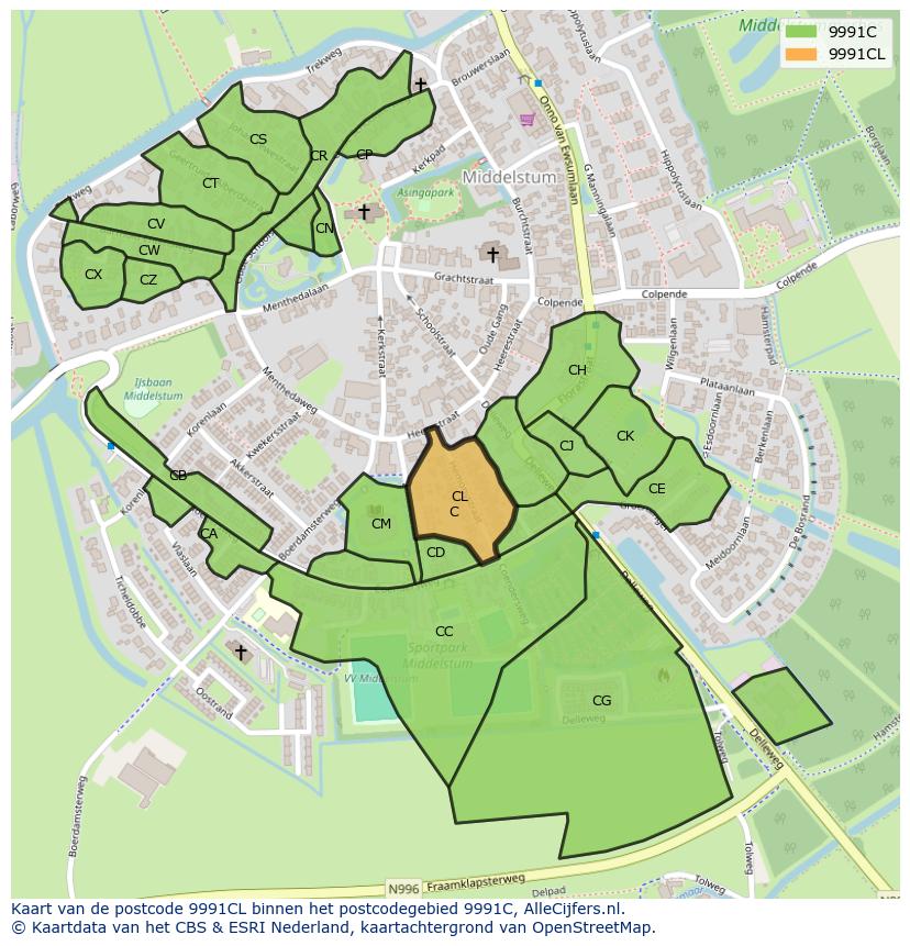 Afbeelding van het postcodegebied 9991 CL op de kaart.