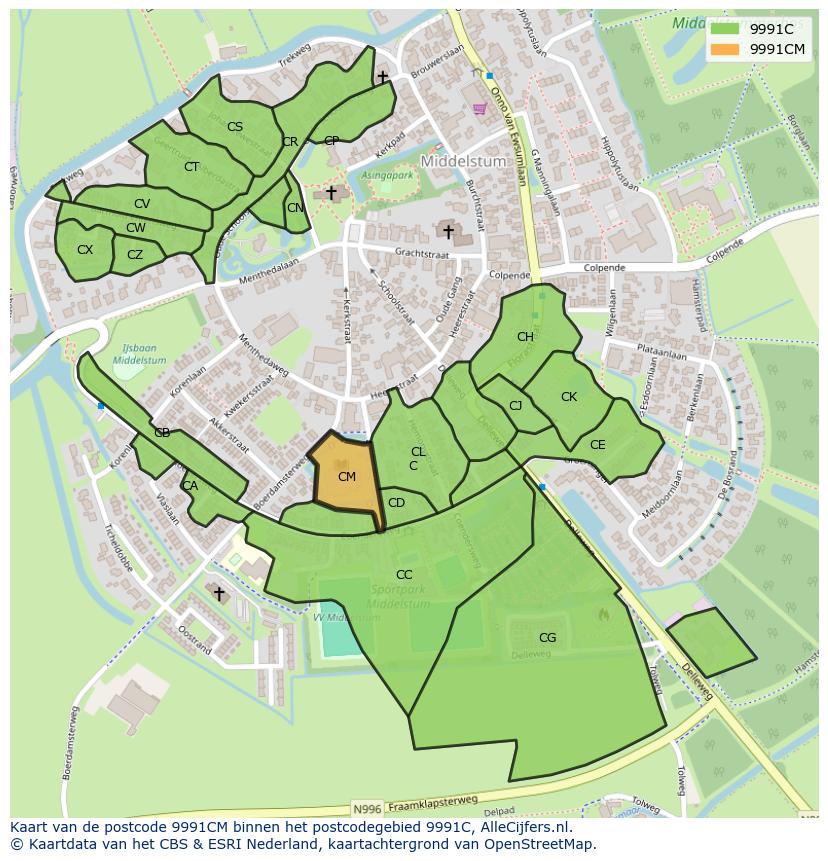 Afbeelding van het postcodegebied 9991 CM op de kaart.