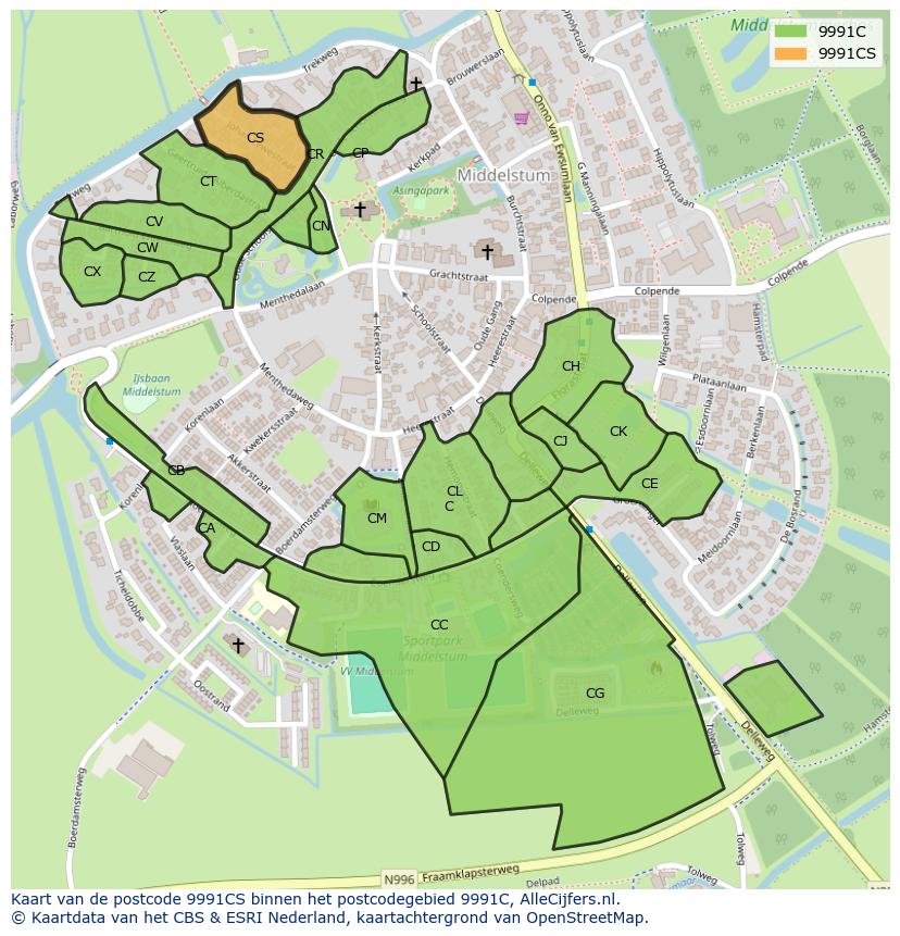 Afbeelding van het postcodegebied 9991 CS op de kaart.