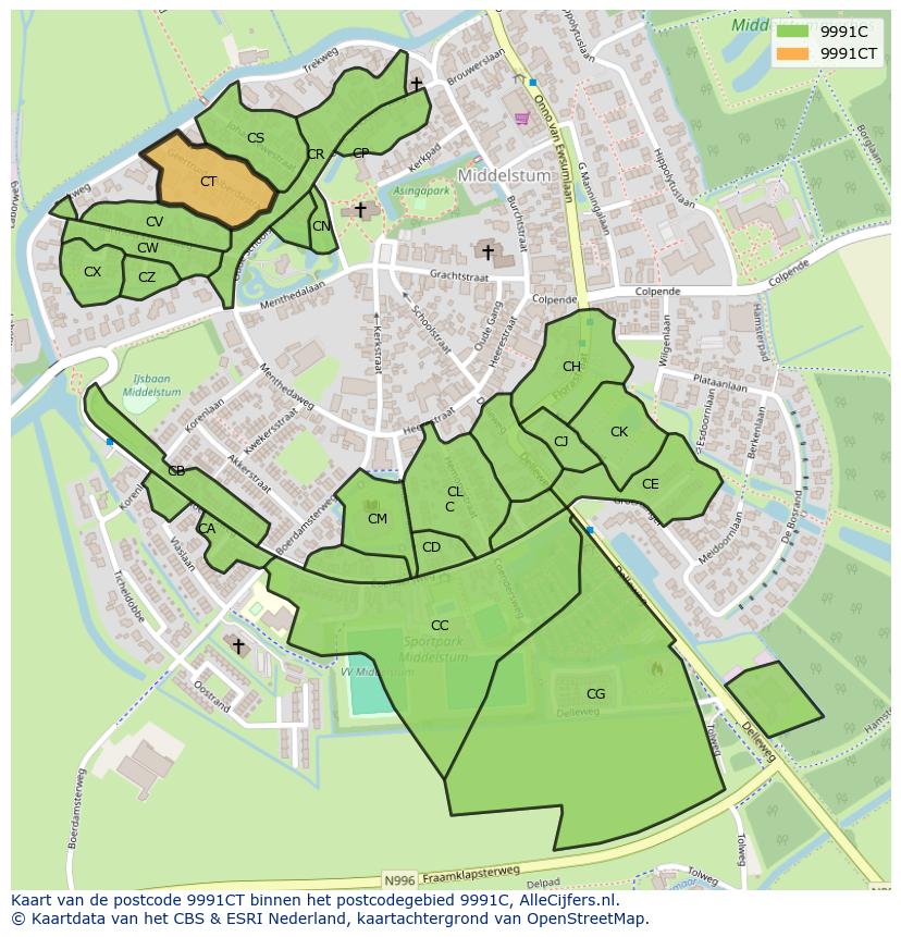 Afbeelding van het postcodegebied 9991 CT op de kaart.