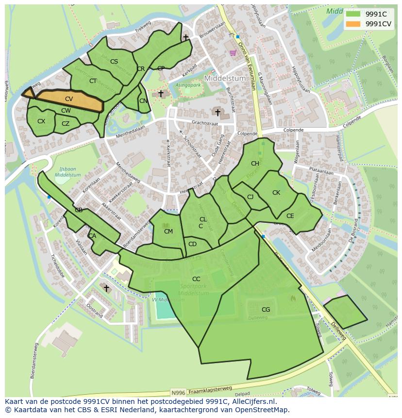Afbeelding van het postcodegebied 9991 CV op de kaart.