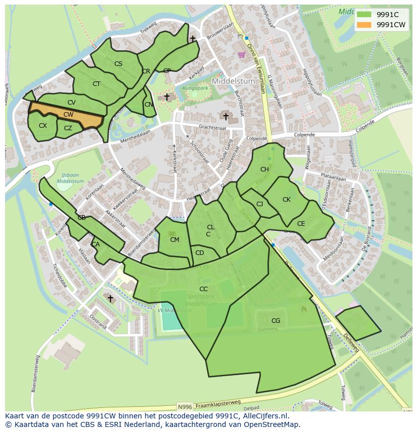 Afbeelding van het postcodegebied 9991 CW op de kaart.