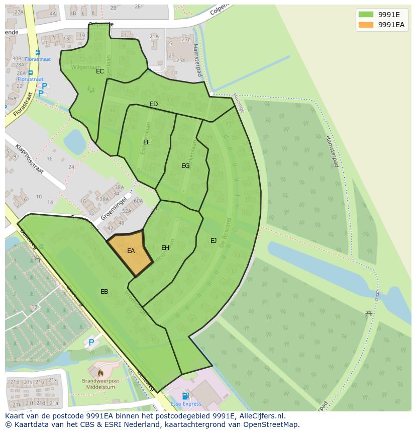 Afbeelding van het postcodegebied 9991 EA op de kaart.