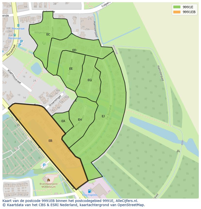 Afbeelding van het postcodegebied 9991 EB op de kaart.
