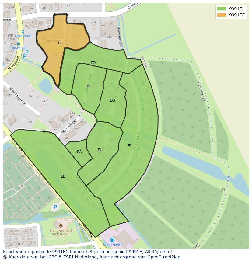 Afbeelding van het postcodegebied 9991 EC op de kaart.