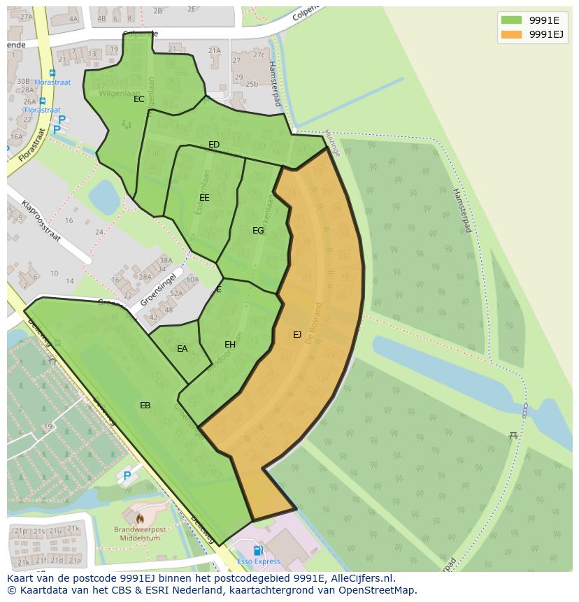 Afbeelding van het postcodegebied 9991 EJ op de kaart.