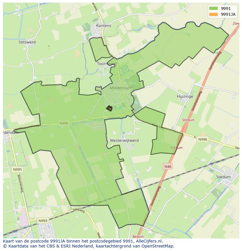Afbeelding van het postcodegebied 9991 JA op de kaart.