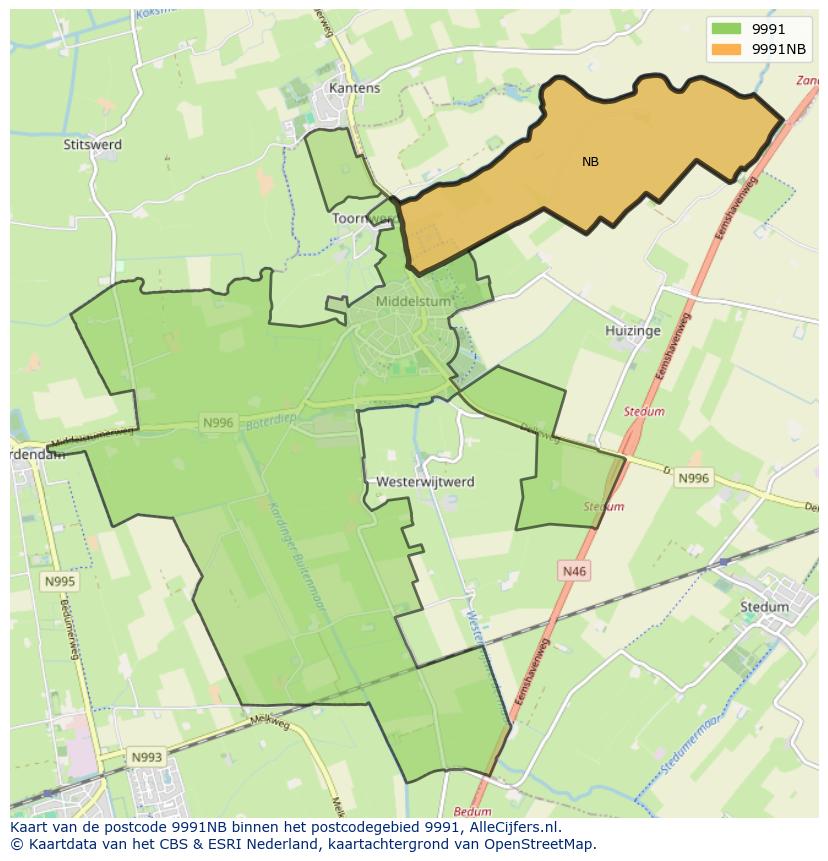 Afbeelding van het postcodegebied 9991 NB op de kaart.