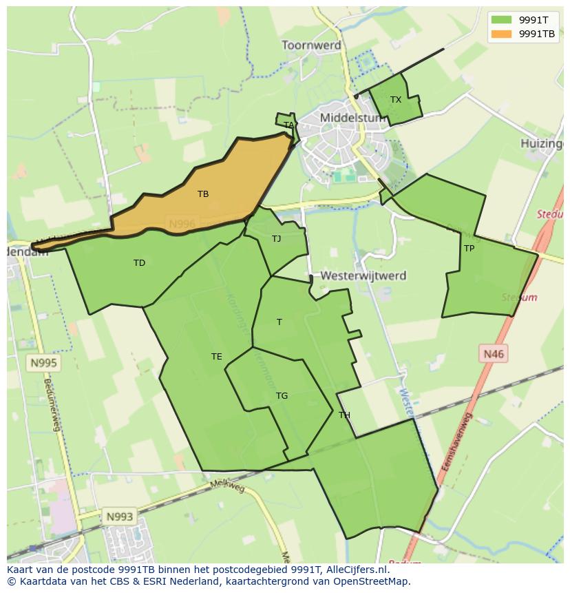 Afbeelding van het postcodegebied 9991 TB op de kaart.