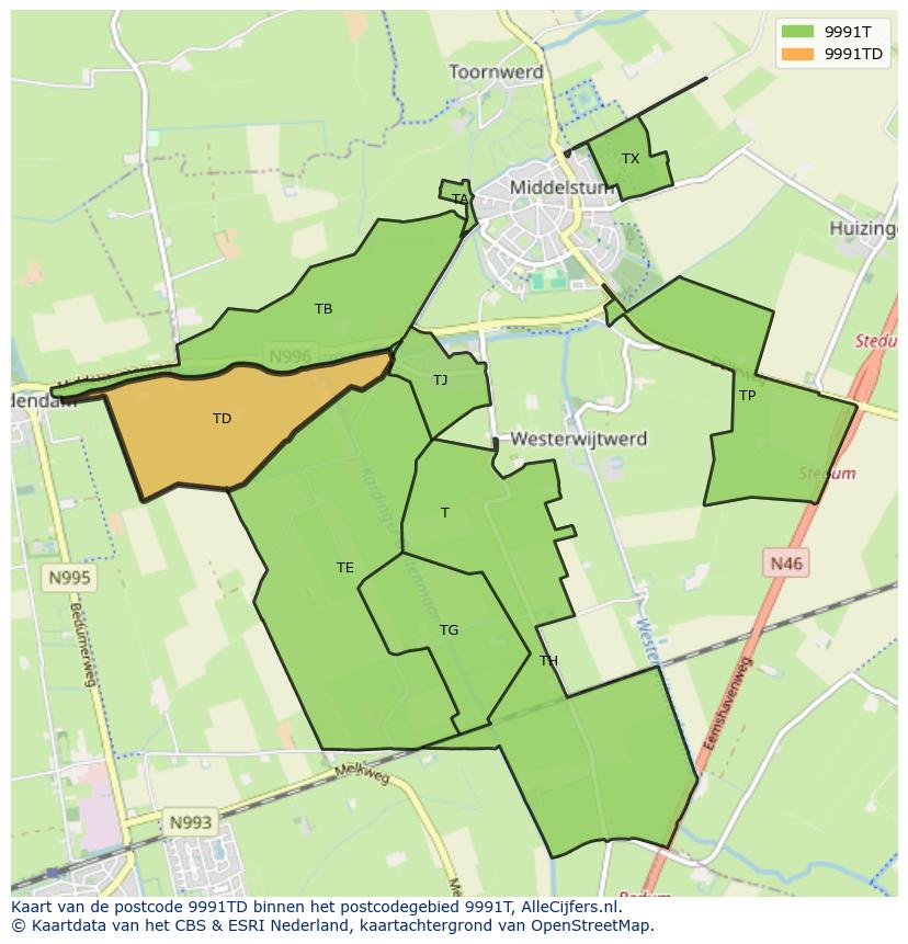 Afbeelding van het postcodegebied 9991 TD op de kaart.