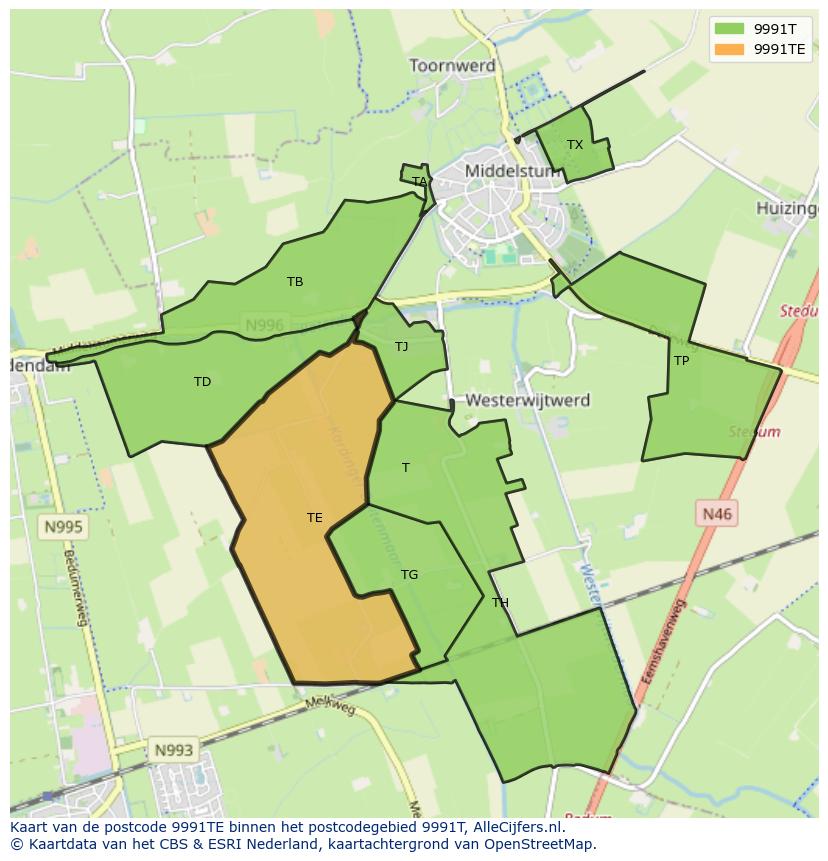 Afbeelding van het postcodegebied 9991 TE op de kaart.