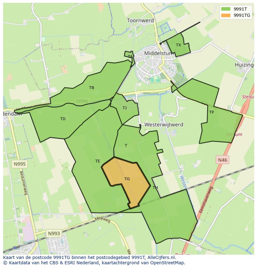 Afbeelding van het postcodegebied 9991 TG op de kaart.