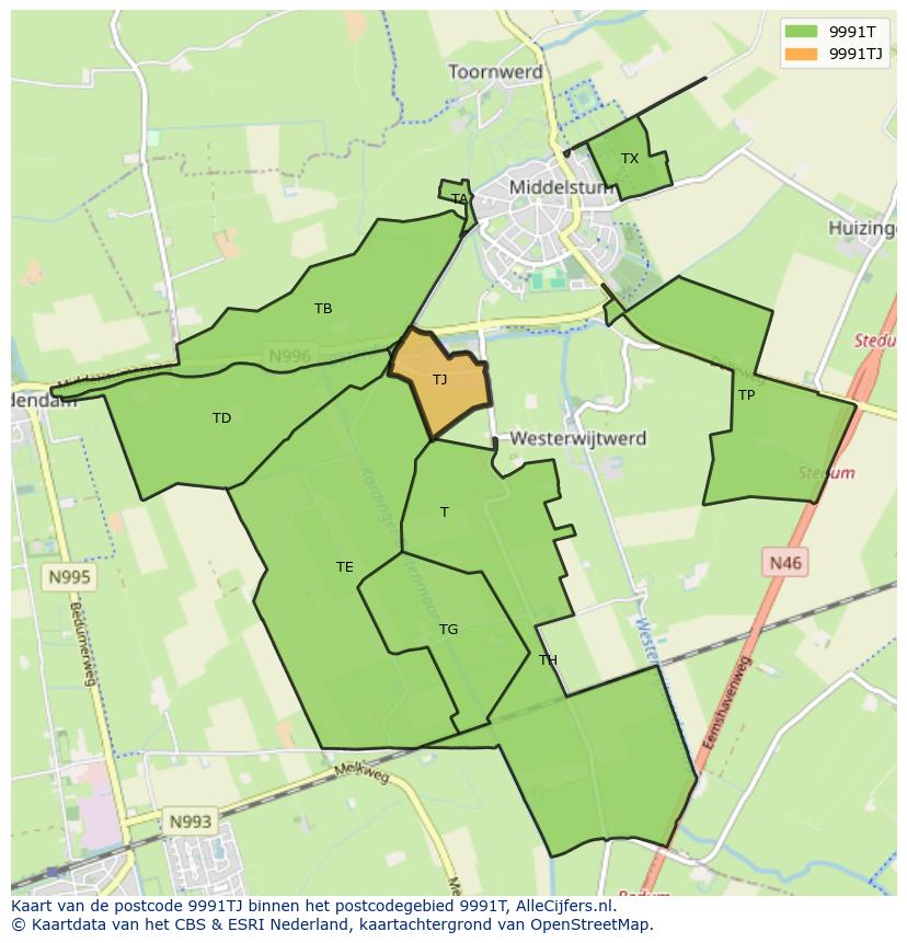 Afbeelding van het postcodegebied 9991 TJ op de kaart.