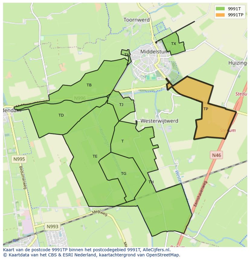 Afbeelding van het postcodegebied 9991 TP op de kaart.