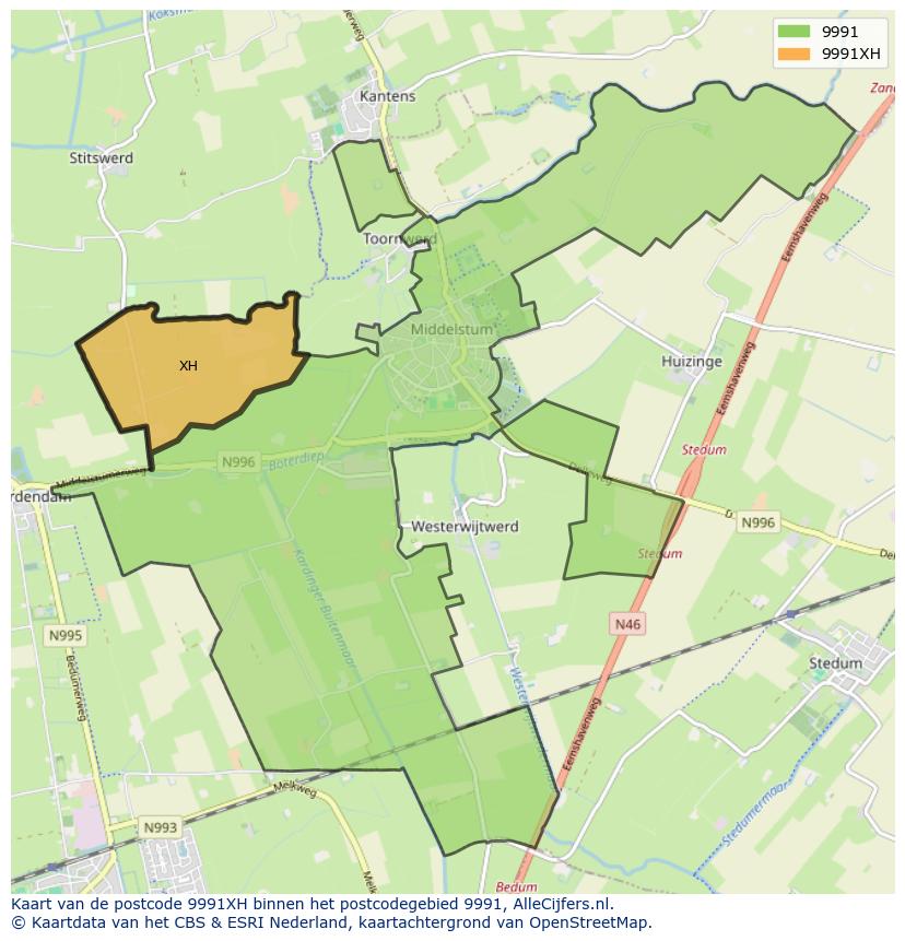 Afbeelding van het postcodegebied 9991 XH op de kaart.