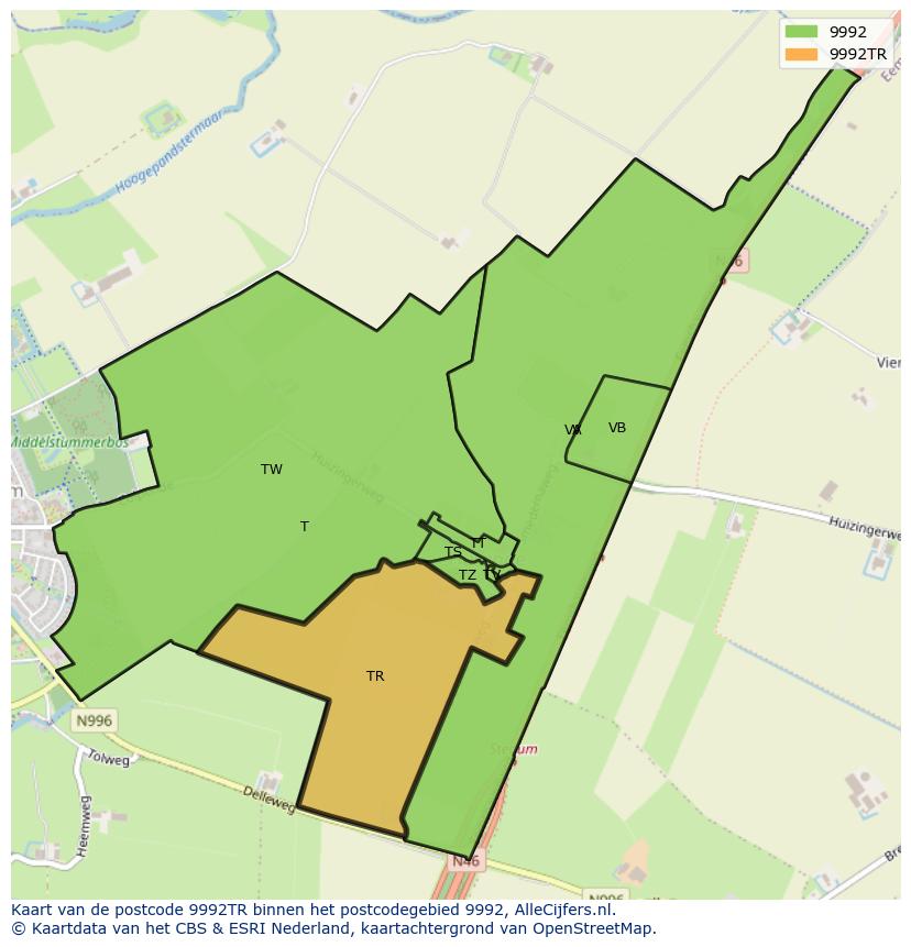 Afbeelding van het postcodegebied 9992 TR op de kaart.