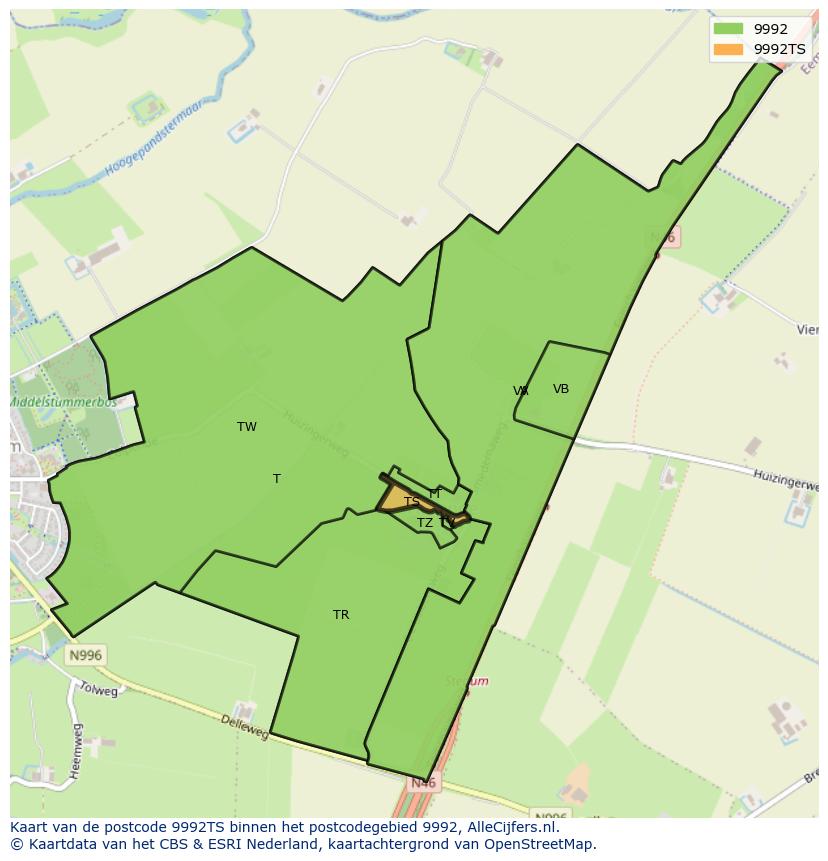 Afbeelding van het postcodegebied 9992 TS op de kaart.