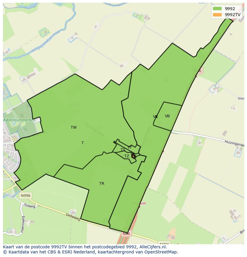 Afbeelding van het postcodegebied 9992 TV op de kaart.