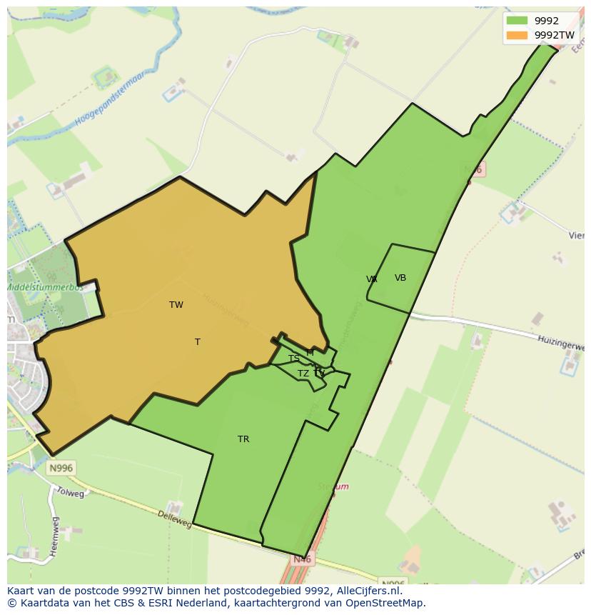 Afbeelding van het postcodegebied 9992 TW op de kaart.