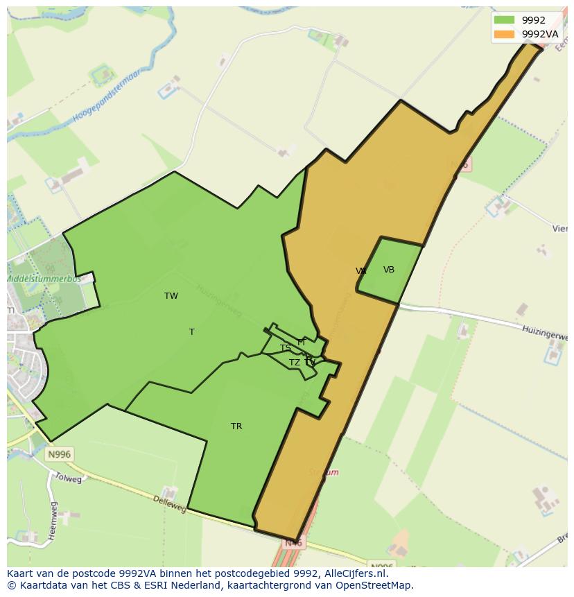 Afbeelding van het postcodegebied 9992 VA op de kaart.