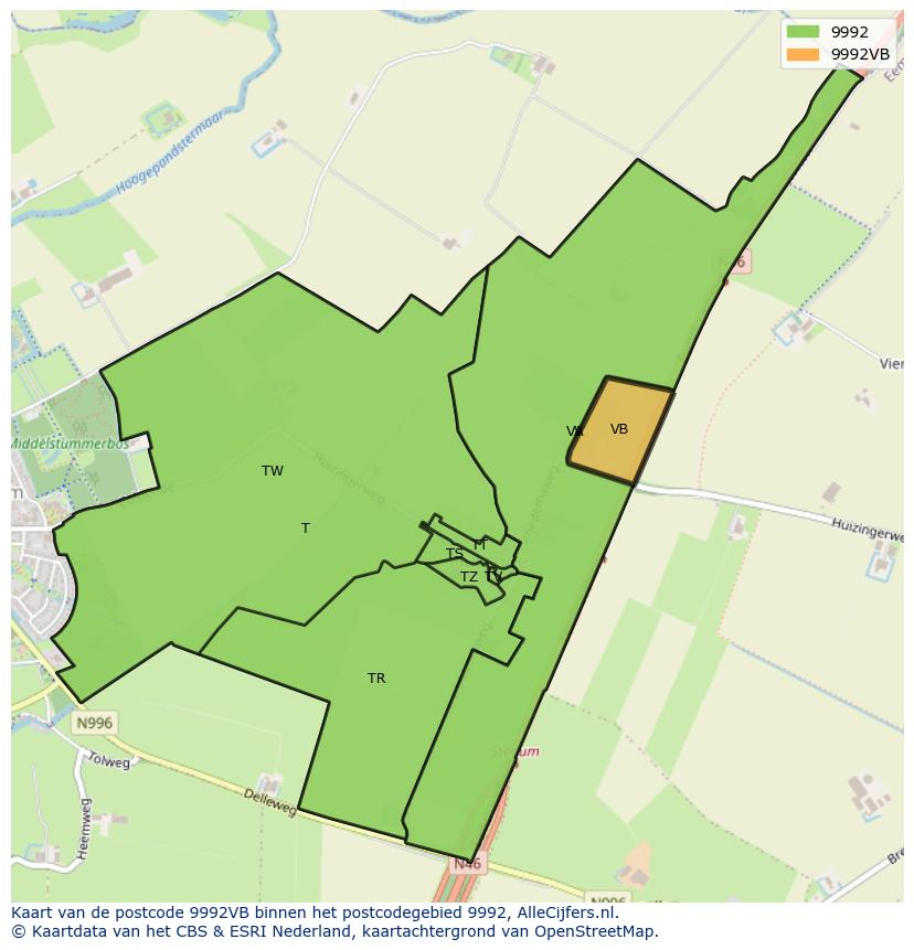 Afbeelding van het postcodegebied 9992 VB op de kaart.