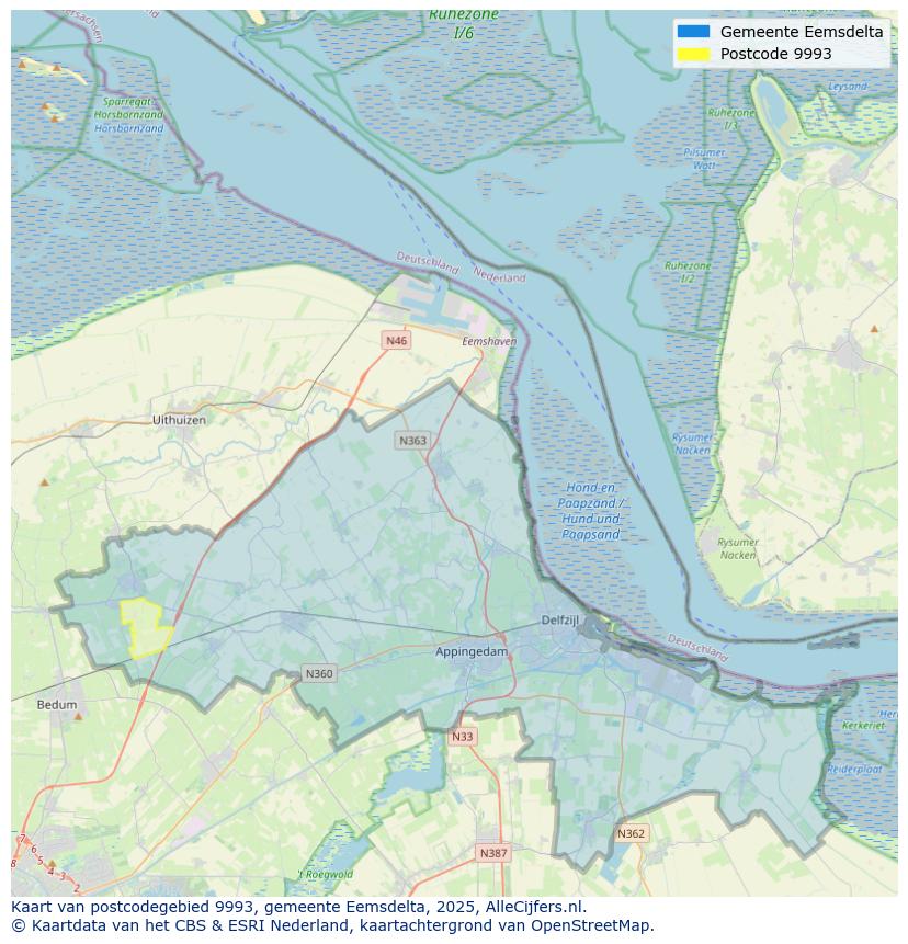 Afbeelding van het postcodegebied 9993 op de kaart.