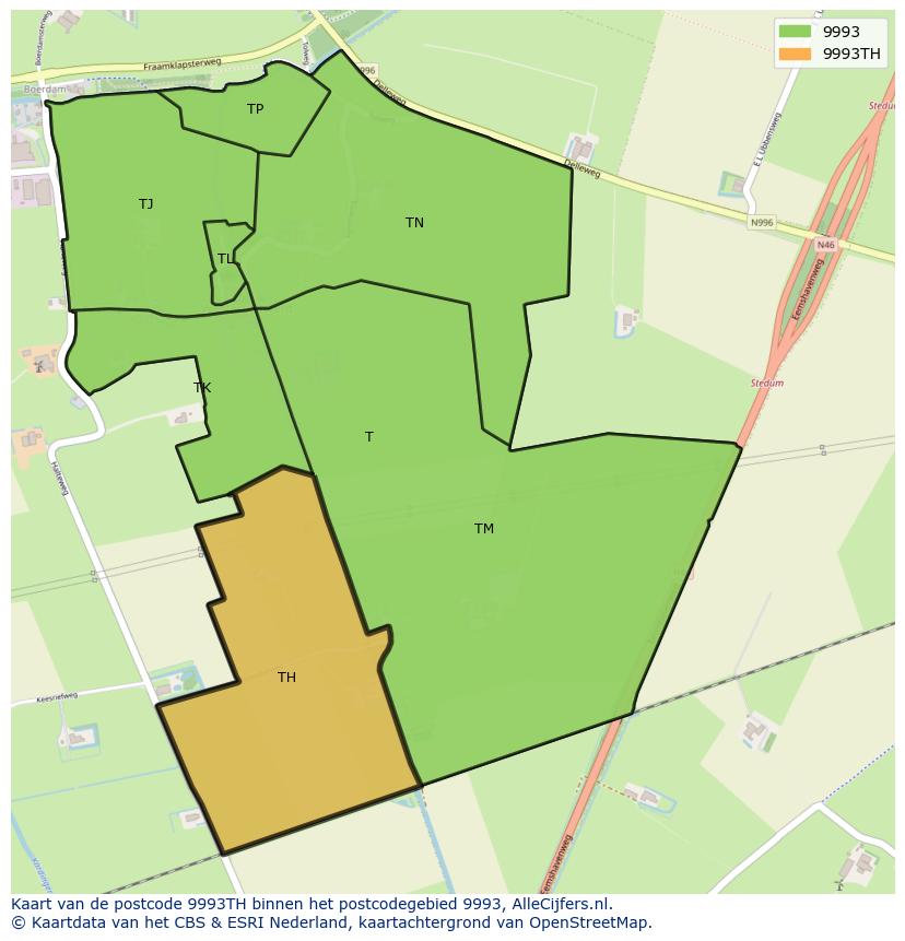Afbeelding van het postcodegebied 9993 TH op de kaart.