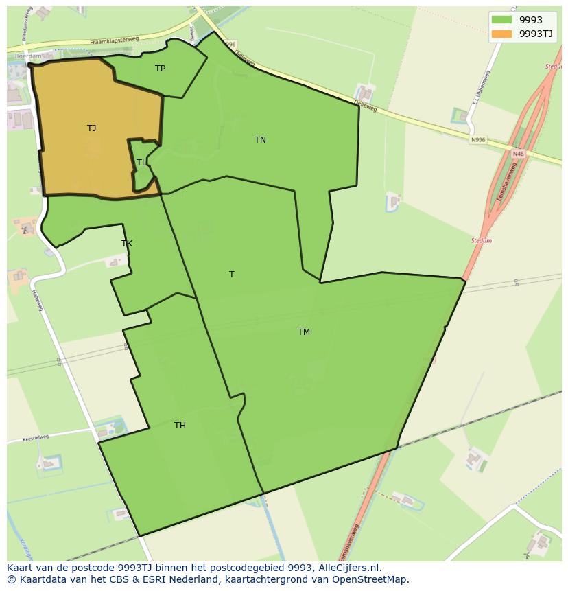 Afbeelding van het postcodegebied 9993 TJ op de kaart.