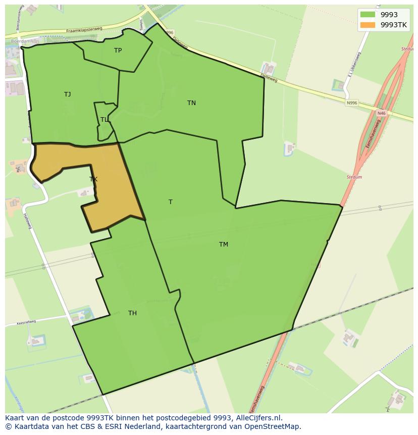 Afbeelding van het postcodegebied 9993 TK op de kaart.