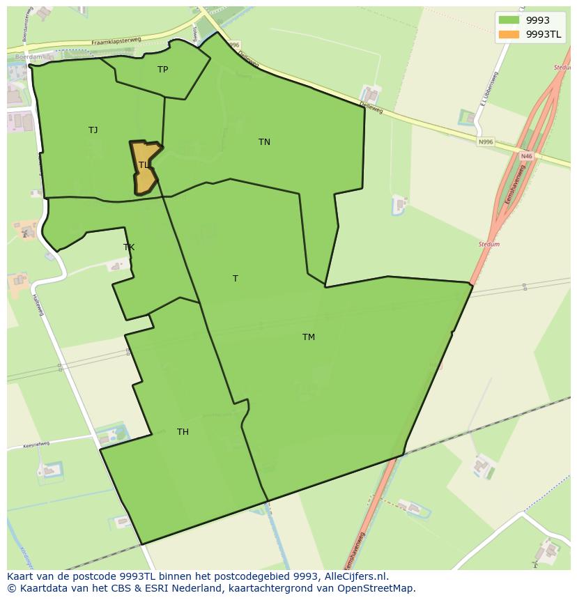 Afbeelding van het postcodegebied 9993 TL op de kaart.