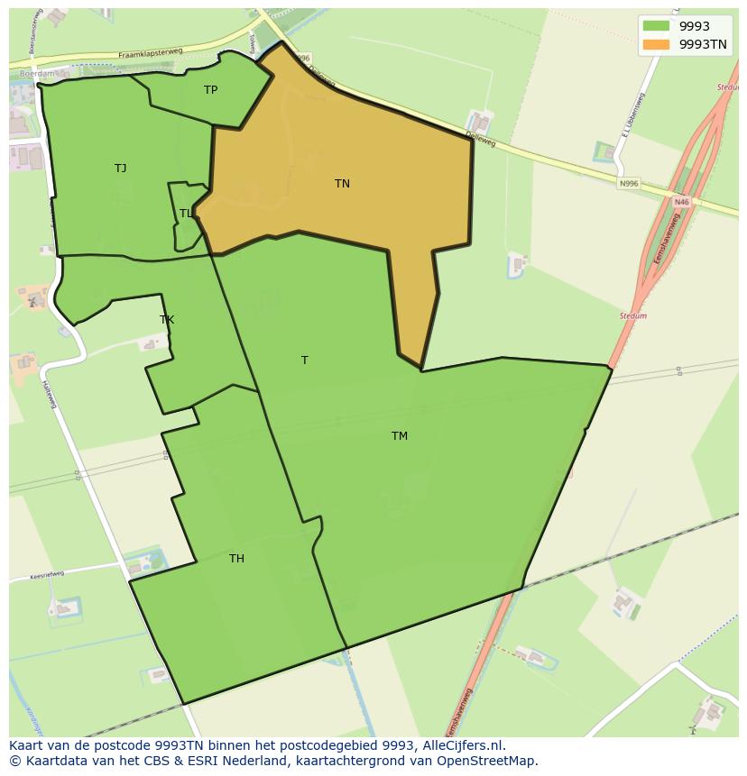 Afbeelding van het postcodegebied 9993 TN op de kaart.