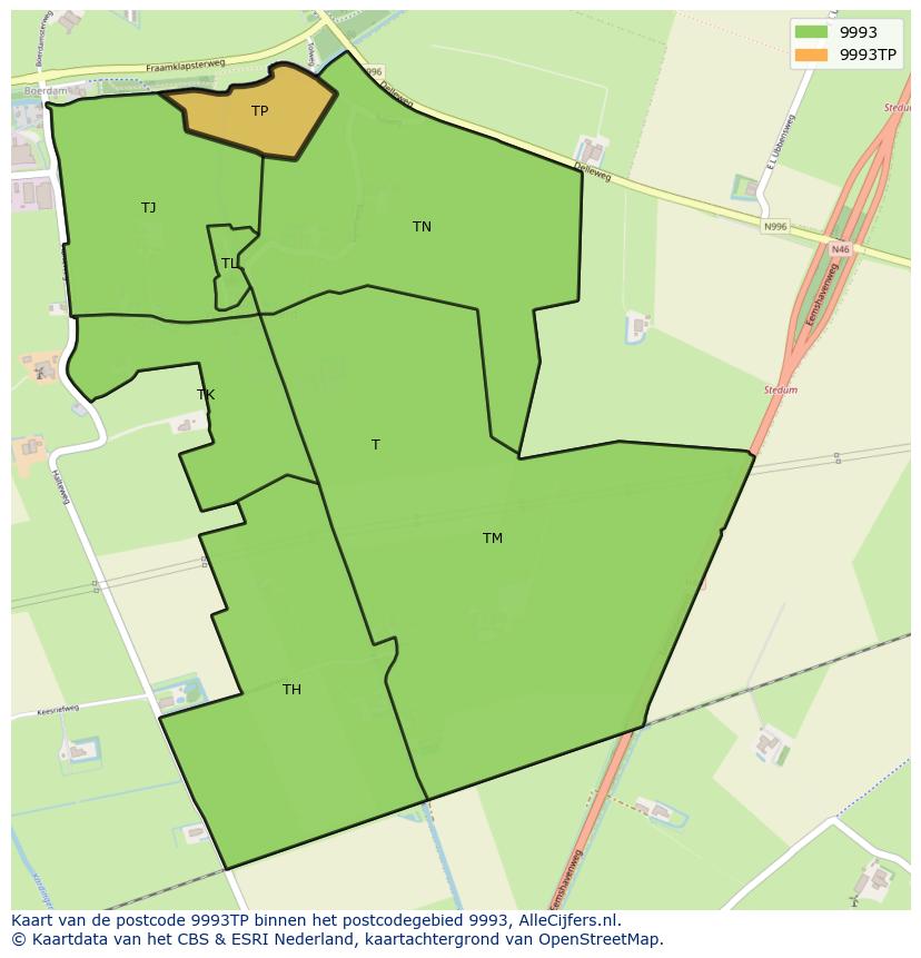 Afbeelding van het postcodegebied 9993 TP op de kaart.