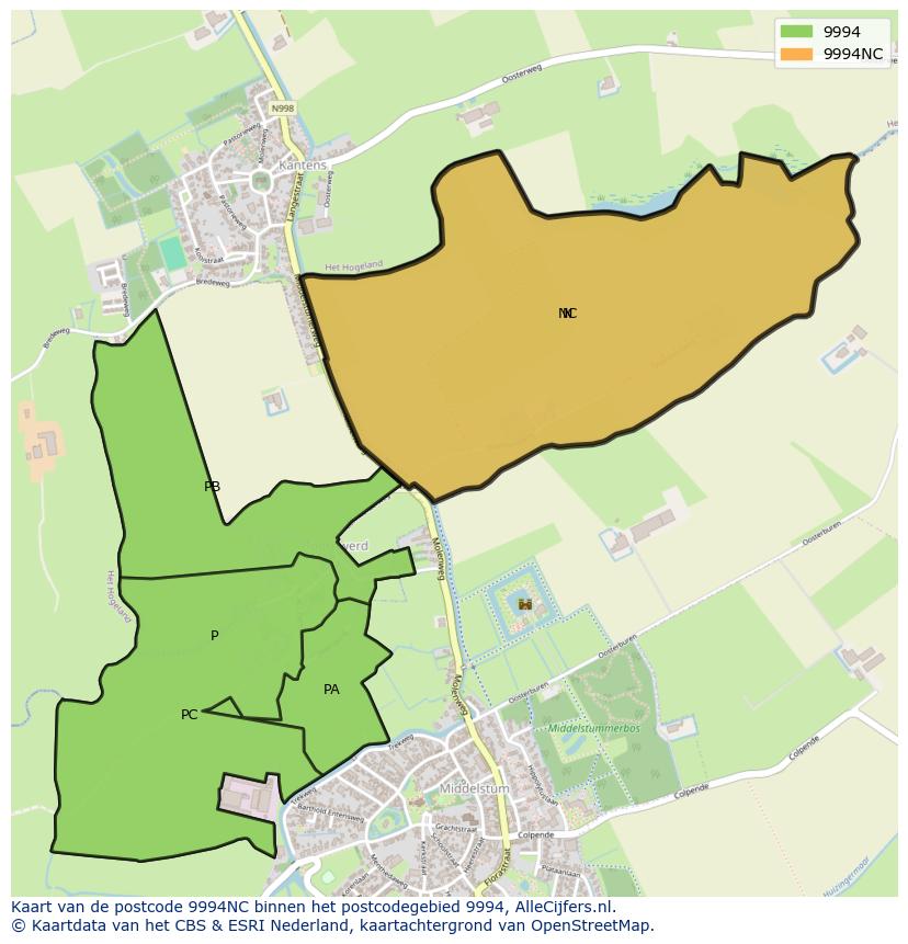 Afbeelding van het postcodegebied 9994 NC op de kaart.