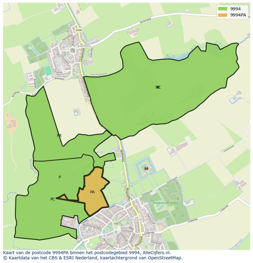 Afbeelding van het postcodegebied 9994 PA op de kaart.