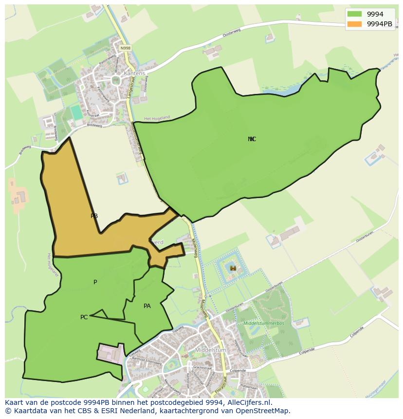 Afbeelding van het postcodegebied 9994 PB op de kaart.