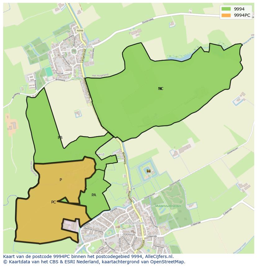 Afbeelding van het postcodegebied 9994 PC op de kaart.