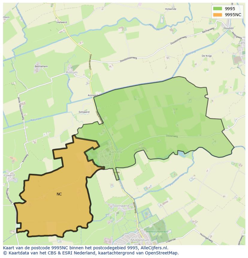 Afbeelding van het postcodegebied 9995 NC op de kaart.