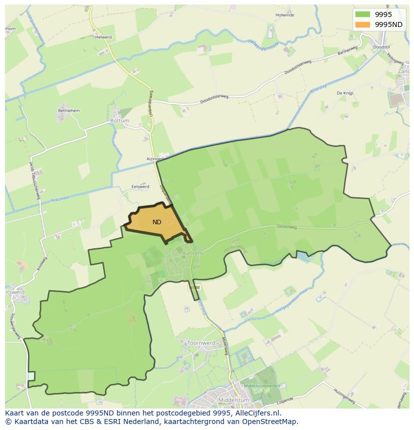 Afbeelding van het postcodegebied 9995 ND op de kaart.